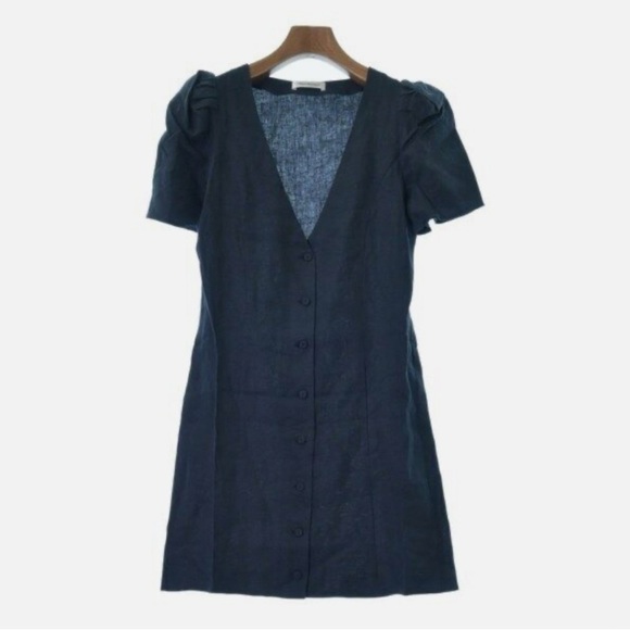 There Was One Dress Navy Linen Puffy Sleeve Button Down Dress Size M $258 - Picture 2 of 6